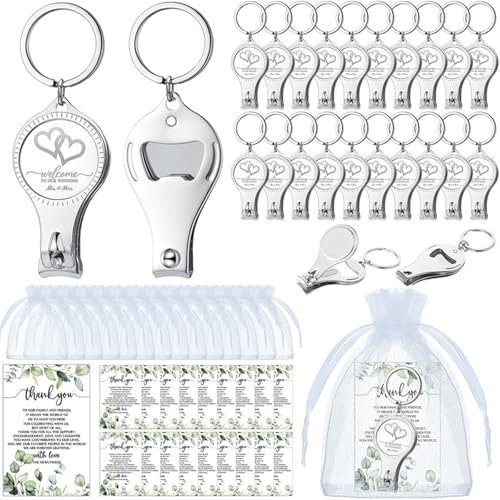 Rufevee 25 Set di Matrimonio Multifunzione apribottiglie tagliaunghie per Matrimonio Carte di birrificio Borse di Organza Bianche per Forniture per Feste Regalo Souvenir Ospiti Uomini Donne