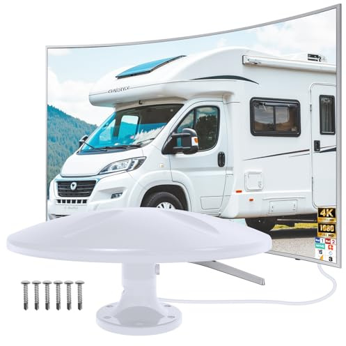 Antena TV Exterior, Antena TV Omnidireccional para Autocaravana con Potente Amplificador, Compatible con 4K 1080P, Cable Coaxial de 10M, para Canales Locales - Blanco