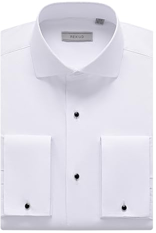 REXIUD Men's Tuxedo Shirt Windsor Collar Adjustable Button French Cuffs Jacquard Front Formal Dress Shirt Stretch White (US, Neck Sleeve, 15.5, 34, 35, White)
