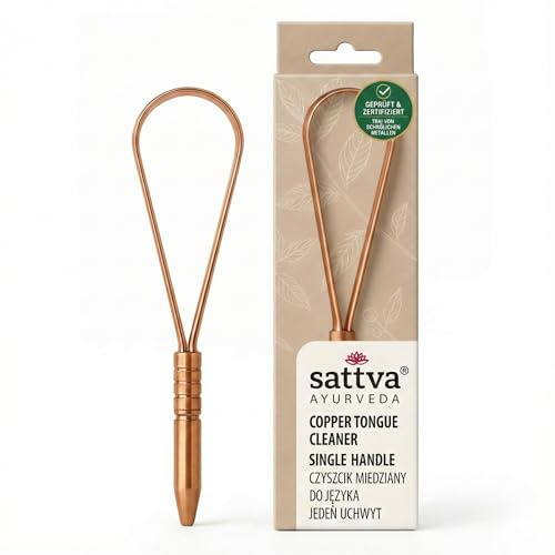 Sattva Ayurveda Detergente per lingua in rame: testato e certificato, 99,9% rame puro, naturale e riutilizzabile, favorisce l'alito fresco e la flora della bocca sana, design ergonomico con una sola