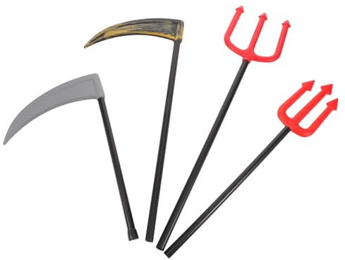 SUPVOX Juego de 4 Hoces de Utilería para Halloween y Cosplay Accesorios de Disfraz Seguros Plástico Ligero Colores Gris y Cobre Incluye Hoz de 51 CM y Tridentes de 385 CM Adecuado