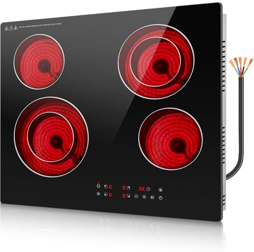 ALEMANIA Plaque Vitrocéramique 4 Foyers 60 cm avec Double Zone, Commande Tactile, Table de Cuisson Infrarouge Encastrable 6700W 230V