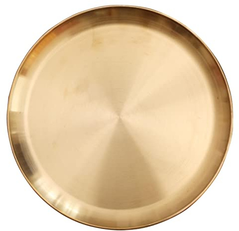 Qirvaten Round Brass Tray, Small Gold Decorative Tray Metal Storage Organizer Tray for Modern Home, Matte Brass Finish (SIZE:13.4inch)