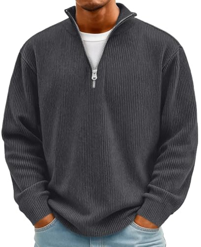 Herren Rollkragenpullover mit Viertel-Reißverschluss Zip Pullover Warm Strickpullover Langarm Winterpullover Sweater Arbeitspullover Langarmshirt,Grau,XL