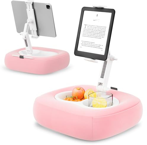 TabHolderix Tablet Kissen Halter, Kindle-Halter mit 2 Snack-Schalen, 360° Verstellbarer iPad Ständer für das Bett für 4,7-13 iPad, Kindle, Smartphone, Kindle zubehör auf dem Bett, Sofa, rosa