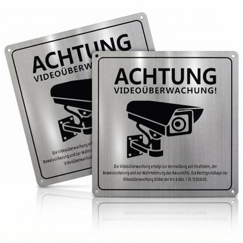 IUSOT 2 cartelli per videosorveglianza, con nota GDPR, 10 x 10 cm, segnale di avvertimento per telecamera di sorveglianza in alluminio spazzolato, attenzione per privati, protezione anti-furto per