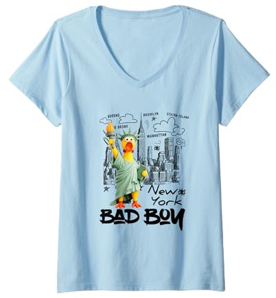 Women's New York City Yellow Rubbe Duck Toy with Statue of Liberty V-Neck T-Shirt
