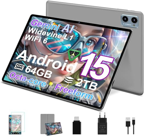 2026 Tableta Android 15 Octa Core, 64 GB ROM + 2 TB TF Tablet 10 Pulgadas | 5G + 2,4G WiFi |GMS| Bluetooth 5.0 |8 MP + 5 MP | Tipo C, Tableta táctil con Funda, Teclado y ratón-Gris