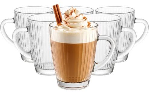 Glasmark KROSNO 1992 Set di Bicchieri da Caffè 250 ml - Bicchiere da Latte Macchiato, Cappuccino, Tè, Matcha - Tazze in Vetro con Manico - Scanalate - Lavabili in Lavastoviglie 6 Pezzi