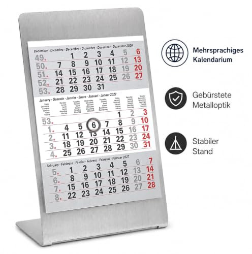 TOBJA® Tischkalender 2027 Metallaufsteller magnetisch 3 Monate (Titan) | 3-Monats-Überblick, Datumsschieber, gebürsteter Edelstahl-Aufsteller, mehrsprachig, Kalenderblock jährlich tauschbar