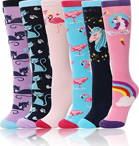 ANTSANG Calze al Ginocchio per Bambine Calze Lunghe da Stivale Folli Buffe Divertenti Regalo Carine Calze Lunghe con Motivi Animali per Bambini 6 Paia(Animale Misto F, 26-38)