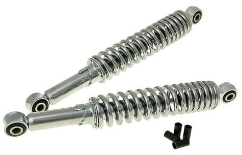 2x Stoßdämpfer Paar chrom 310mm kompatibel mit Hercules, Sachs Prima/Optima | Hinteres Paar, 5-stufig verstellbar, mit 8/10mm Reduzierhülsen; kompatibel mit Kreidler, Puch, Hercules HR1, HR2, MF3, MP2