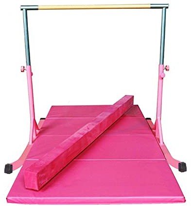 Athletic Bar Kids Gymnastics Horizontal Kip Bar with 6 FT x 4 FT Tumble Mat and Balance Beam Full Set, Adjustable 3 to 5 FT Gymnastic Junior Training Bar for Gymnasts Children, Fiberglass Rail (Pink)