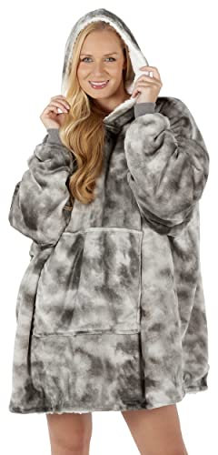 TIE DYE Oversized Hoodie Blanket Women Ultra Plush Fleece with Soft Sherpa Reversible Warm Cosy Comfy Wearable Hooded Giant Sweatshirt Throw Girls Adults Men Boys Kids Big Pocket (Grey Silver)
