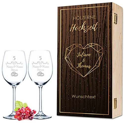 Leonardo Copas de vino con grabado – Diseño de boda de madera – Personalizado con nombre y fecha incluida caja de madera – Regalo para boda, compromiso aniversario color Daily