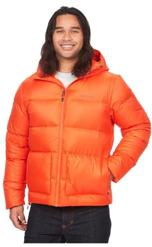 Marmot Men's Guides Down Hoody, Lightweight down jacket, warm winter puffy, water-repellent quilted coat, windproof functional jacket, packable outdoor jacket with hood, Flame, S