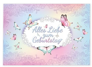 XXL A4 Glückwunschkarte zum Geburtstag Geburtstagskarte Grußkarte Happy Birthday Mädchen Mädels Schmetterlinge Blumen Elegant große Klappkarte Gratulazionskarte