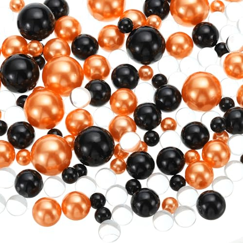 PATIKIL 150 Pieces Floating Beads, 8/14/20mm Vase Fillers Beads Vase Centerpieces Floating Pearl Bead No Hole and 8000Pcs Clear Water Gel Bead for Vase Decoration, Black/Orange