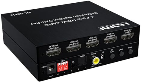 Extractor de audio HDMI eARC, 2/4 puertos bidireccional HDMI eARC Audio Extractor 4K 60Hz HDMI Toslink SPDIF COAXIAL 5.1CH Switch Audio HDMI & convertidor Splitter (4 puertos HDMI)