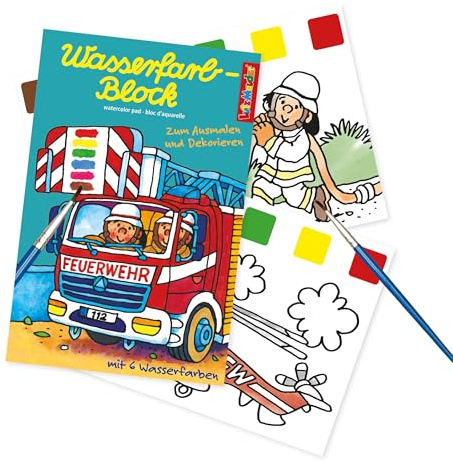 Lutz Mauder Malbuch Feuerwehr mit Wasserfarben für Kleinkinder und Kinder im Alter von 1-3 und 2-4, Aquarell-Malpapier, magisches Buch mit Pinsel, Geschenk, Mitgebsel