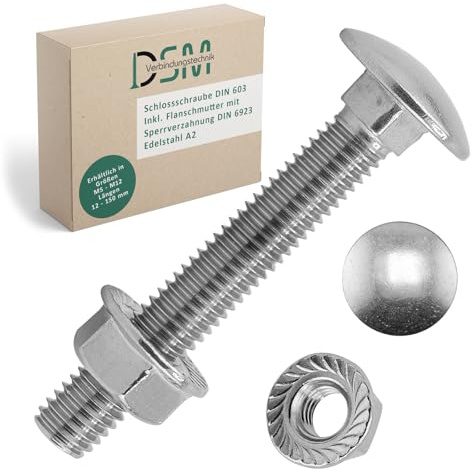 DSM – Tornillos M6 x 50 mm según DIN 603 – Tuerca de brida M6 con dentado de bloqueo DIN 6923 – Acero inoxidable A2/V2A – Tornillos de cabeza redonda plana con cuello cuadrado – Tuerca hexagonal con