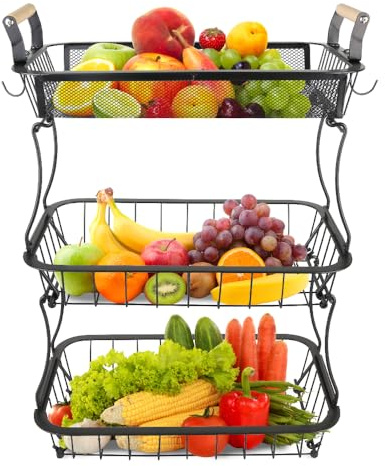 Aufbewahrungskorb aus Metalldraht, Obstständer für Brot, Snacks, Obstkorb mit 2 Bananenbügeln, Obst- und Gemüsekorb für Küchentheke, 37 x 22 x 55,5 cm – Schwarz