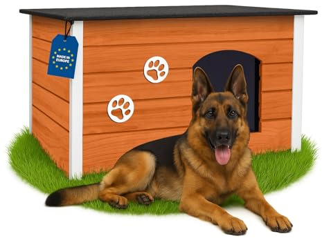 Outentin Niche pour Chien en Bois Isolée XL – Grande Maison Chien Extérieur Hiver – Refuge pour Chiens Jardin avec Toit Ouvrant – Niche Extérieure pour Grand Chiens en Bois FSC – 105 x 71 x 64 cm,Teck