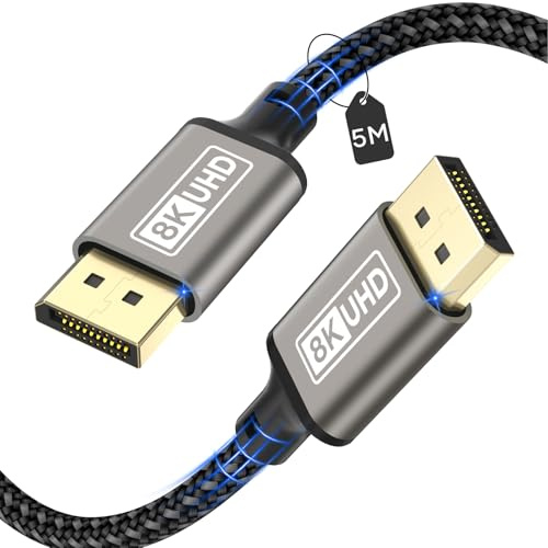 layajia 8K Câble DisplayPort 1.4, Câble DP 8K@60Hz, 4K@144Hz, 2K@240Hz, 32,4Gbps, HDCP2.2, HDR, FreeSync, G-Sync Compatible avec Moniteur Gaming, PC, Carte Graphique-5M