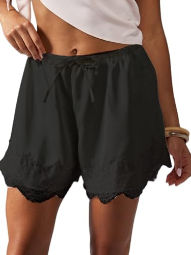 Women Lace Trim Satin Silk Shorts Y2K Patchwork Silky Mini Shorts Elastic Waist Pajama Slip Bottoms Boxer