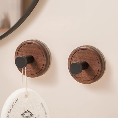 FUBESK Gancho con ventosa de madera de nogal, fuerte adherencia al vacío, sin taladro, montaje en pared, resistente, capacidad de carga de 3 kg para baño, dormitorio, armario