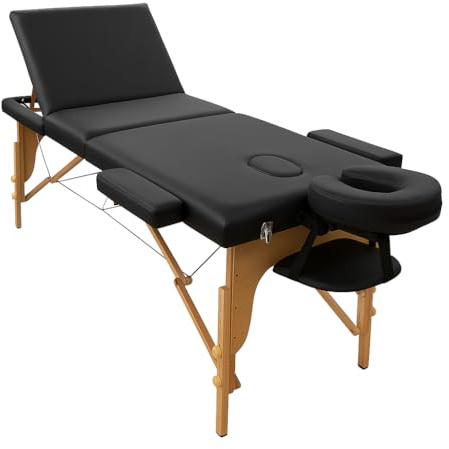 POSTQUAM Italian Design - Klappbare und leichte 2-Teilige Liege mit Holzstruktur – Massageliege und Kosmetikliege mit Schaumstoffkissen, Höhenverstellung, Kissen und Armstütze - Farbe Schwarz