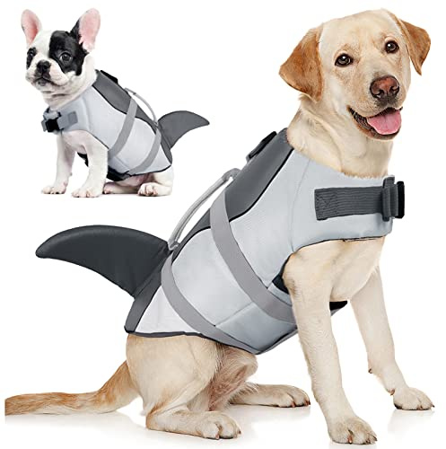 AOFITEE Schwimmweste Hund Klein, Verstellbar Hunde Schwimmweste Hai, Ripstop Hundeschwimmweste Kleine Hunde Rettungsweste mit Rettungsgrif, Welpen Hundeweste Schwimmen für Bootfahren, Grau, S