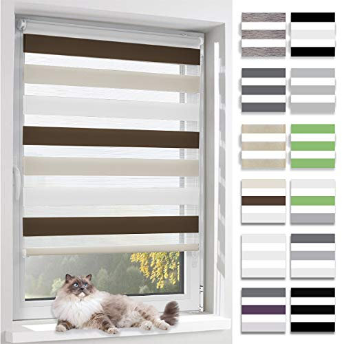 BelleMax Doppelrollo Klemmfix ohne Bohren & mit Bohren, Weiß Creme Braun 40x120cm(BxH), Duo Rollo, Sonnenschutz lichtdurchlässig Blickdicht, Klemmrollo Fensterrollo, Rollos für Fenster und Tür
