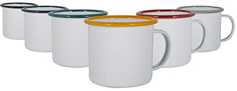 Argon Tableware Enamel Mugs - 375ml - Pack of 6 - Multicoloured Metal Insulated Coloured Coffee Mugs Lightweight Camping Cups for Drinking Tea, Hot Chocolate, Coffee