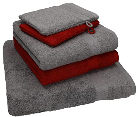 Betz 5 TLG. Handtuch Set Single Pack 100% Baumwolle 1 Duschtuch 2 Handtücher 2 Waschhandschuhe anthrazit grau - dunkelrot