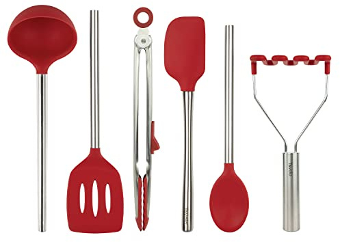 Tovolo Silicone Cooking Utensil Set of 6 Cayenne Red Ladle Slotted Turner Tongs Flex Core Spatula Scraper Mixing Spoon and Potato Masher, Dishwasher Safe Non Toxic BPA Free Silicone Kitchen Utensils