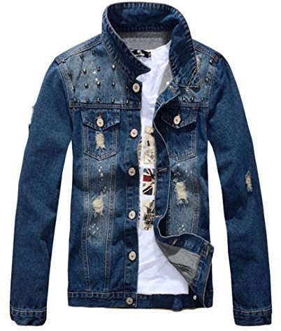 Herren Niet Zerrissene Jeansjacke Trendy Löcher Slim Jeans Mantel Washed Blue Outerwear, blau, XXXL