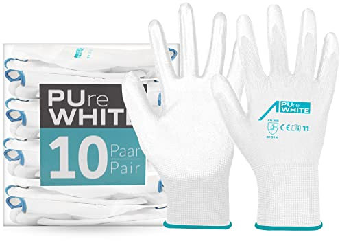 ACE Gants de Travail Blancs PUreWhite (Lot de 10) - Protection pour Manutention, Bricolage, Chantier, Atelier, Maçon, Peinture, Mécanique et Industrie - EN 388/21420 grip tactile - XL