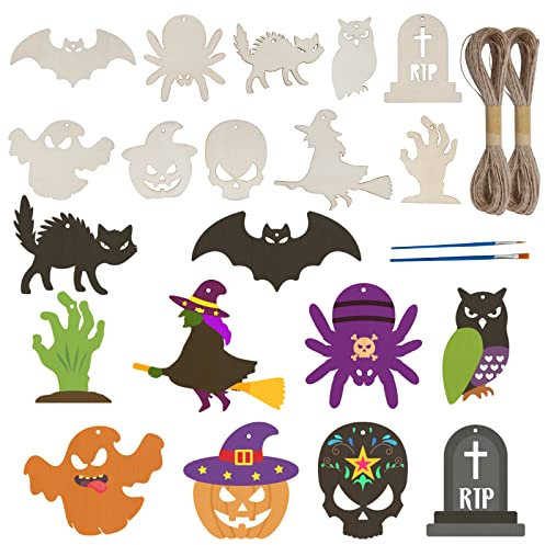 SUNYOK 30 Stück Halloween Bastelset Kinder DIY Fledermaus Hexe Spinne Geist Skelett Halloween Holzanhänger zum Bemalen mit Pinsel Halloween Holz Basteln Kunsthandwerk für Halloween Deko