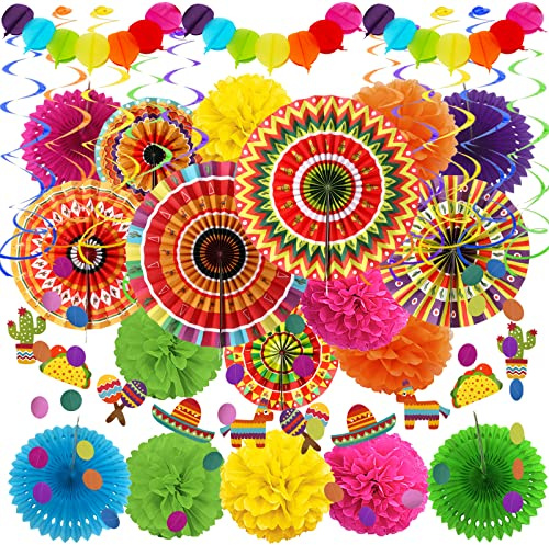 ZERODECO Fiesta dekorationer, mexikanska flerfärgade pappersfläktar, pompoms, girlanger, hängande virvlar för Cinco De Mayo, taco-temafest, födelsedagstillbehör