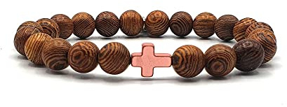 KARDINAL WEIST Kruzifix - Kreuz Rosé Gold Holzperlen Armband, Schmuck für Damen und Herren, GLAUBE LIEBE HOFFNUNG - №3