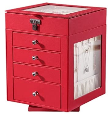 AQUETI Schmuckkoffer Schmuckkästchen Rote große 5-lagige drehbare Schmuck-Organizer-Box mit Ringbox Leder-Schmuck-Aufbewahrungskoffer Halsketten-Display. Schmuckaufbewahrung Schmuckkasten
