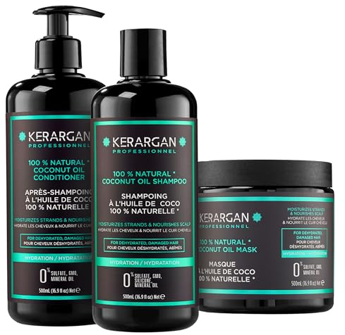 Kerargan - Trio Hydratant Shampoing, Après-Shampoing & Masque à l’Huile de Coco - Hydratation Profonde pour Cheveux Abîmés et Secs - Sans Sulfate, OGM, Silicone - 3x500 ml