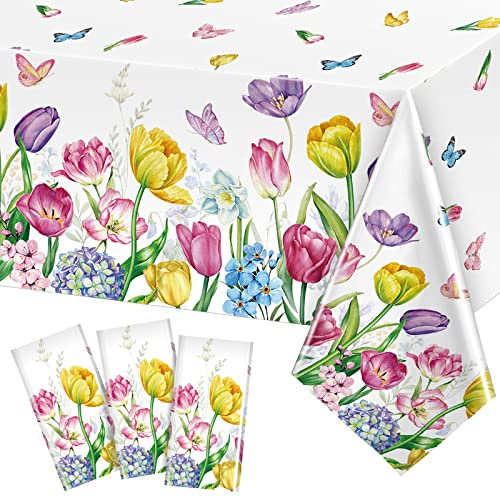 Boyiee 3 Pieces Spring Summer Floral Table Cover Watercolor Tulip Tablecloth Plastic Floral Tablecloth for Easter, Dining Kitchen Room Picnic Camping Party Holiday Decor, 54 x 108 Inch (Fresh Style)