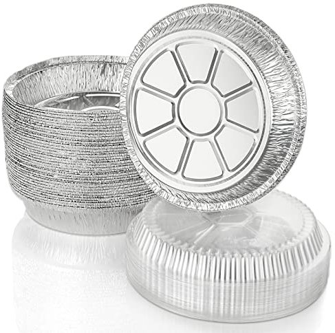 SENENQU 50 Sets 8 Inch Foil Trays with Lids, 1000ml Disposable Tin Foil Food Containers, Round Aluminum Foil Flan Dishes Pie Cases for Baking Roasting Food Storage Takeaway | Freezer & Oven Safe