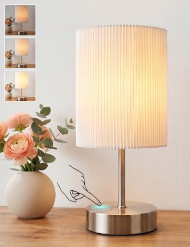HSLighting Bedside Lamps, Touch Table Lamp for Living Room Bedroom, 3-Way Dimmable Small Lamp with 3D Pleats Fabric Shade Minimalist Nightstand Warm White for Kids Room Study Dorm Office Gift Decor