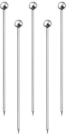 sourcing map Cocktail Toothpicks, 5Pcs 4 Inch Stainless Steel Long Reusable Metal Round Bead Cocktail Skewers for Drinks Appetizer Fruits