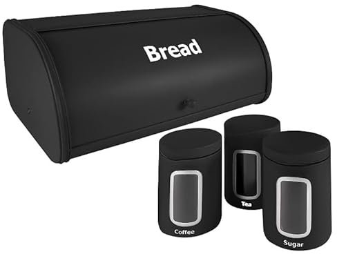 Luckyberg Brotkasten aus Metal, Brotaufbewahrungsbox, Kaffee-, Tee- und Zuckerset, Behältern, Geräumiger Brotkasten aus Stahl, Brot und Kekse Lange Aufbewahren und Frisch (Schwarz)