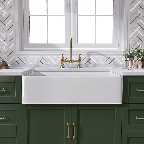 TUKTUK White Farmhouse Sink 30 inch Farm Sink Fireclay Apron Front Single Bowl Kitchen Sinks Deep Drop In Undermount Reversible Heavy Duty Easy-to-Clean Kitchen Basin with Luxury Modern Accessory Kit