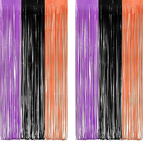 Halloween Lametta Vorhang Lila Orange Schwarz - Metallische Folien Fransen Vorhänge Fotowand Hintergrund für Halloween Hexen Grusel Monsters Horror Geburtstag Party 2 Stück